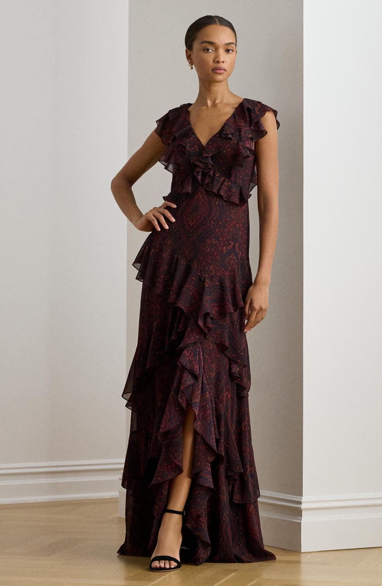 Lauren Ralph Lauren Paisley Tiered Ruffle Trim Gown, Alternate, color, Dark Garnet Multi