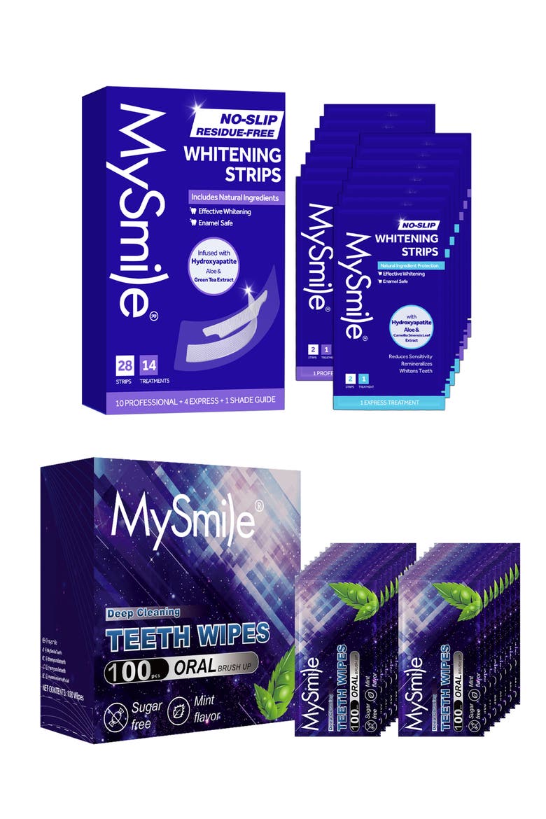 Non-Slip Hydroxyapatite-Infuse Teeth Whitening Strips With Teeth Wipes Double Pack, Main, color, Purple 14