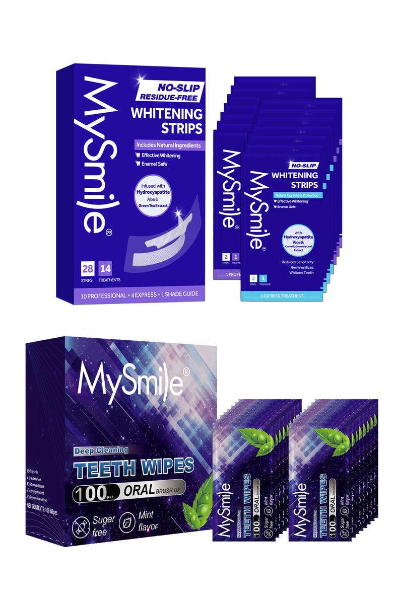 MySmile Non-Slip Hydroxyapatite-Infuse Teeth Whitening Strips With Teeth Wipes Double Pack, Main, color, Purple 14