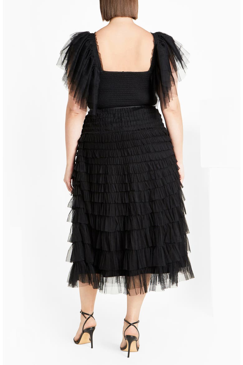 Averi Tiered Tulle Midi Skirt, Alternate, color, BLACK