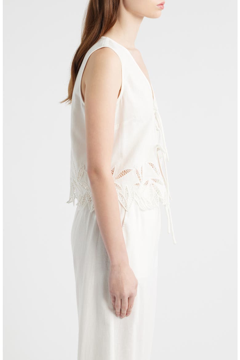 Oregon Embroidered Eyelet Sleeveless Cotton & Linen Tie Front Top, Alternate, color, WHITE PALM EMBROIDERY