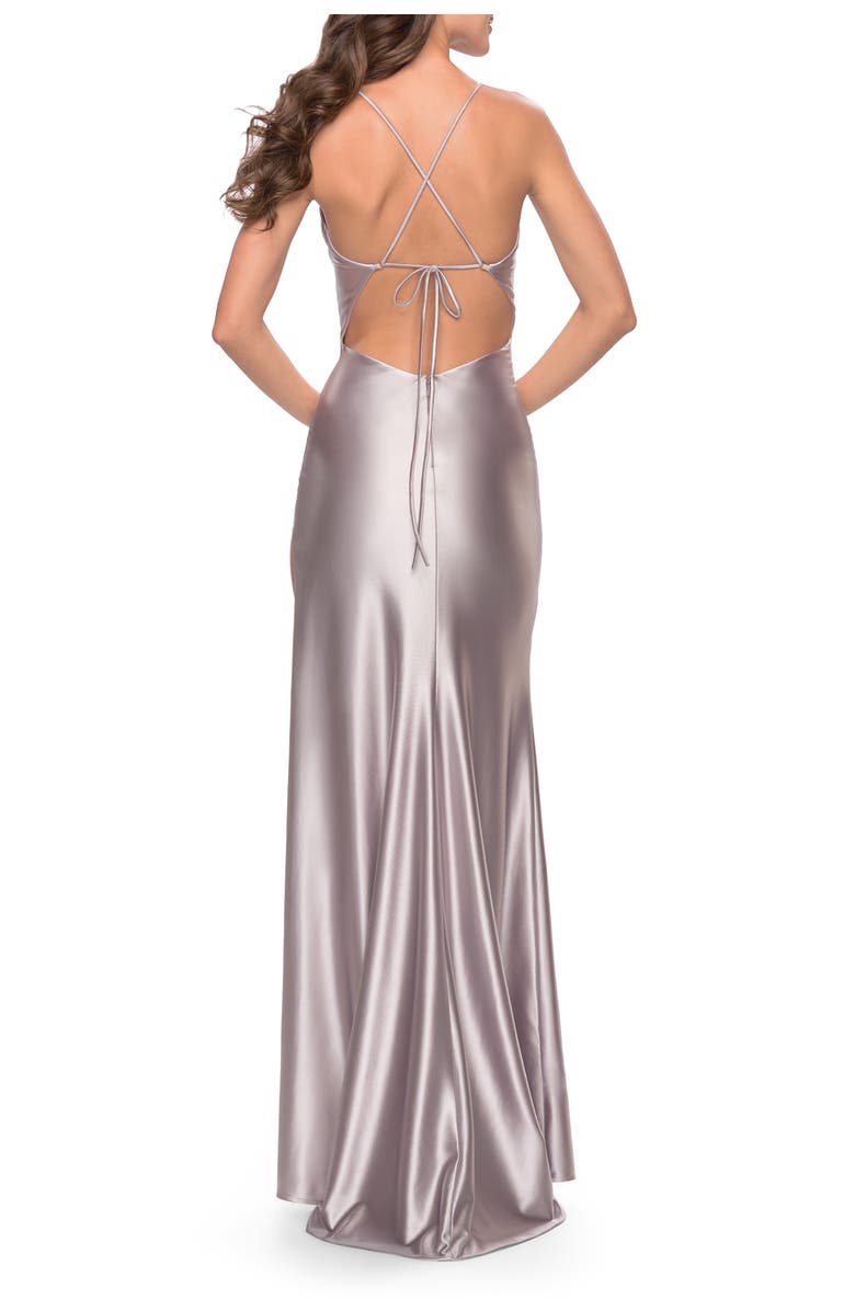 La Femme Fitted Liquid Jersey Dress with High Slit and Open Back, Alternate, color, Silver