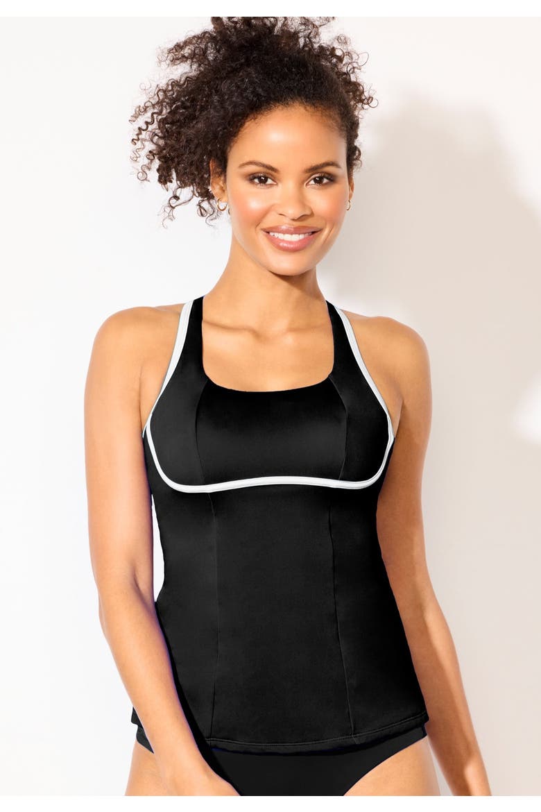 Chlorine Resistant Square Neck Contrast Trim Tankini Top, Alternate, color, Black White