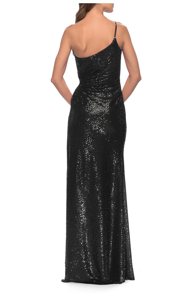 La Femme One Shoulder Sequin Dress with Circle Cut Out, Alternate, color, Black