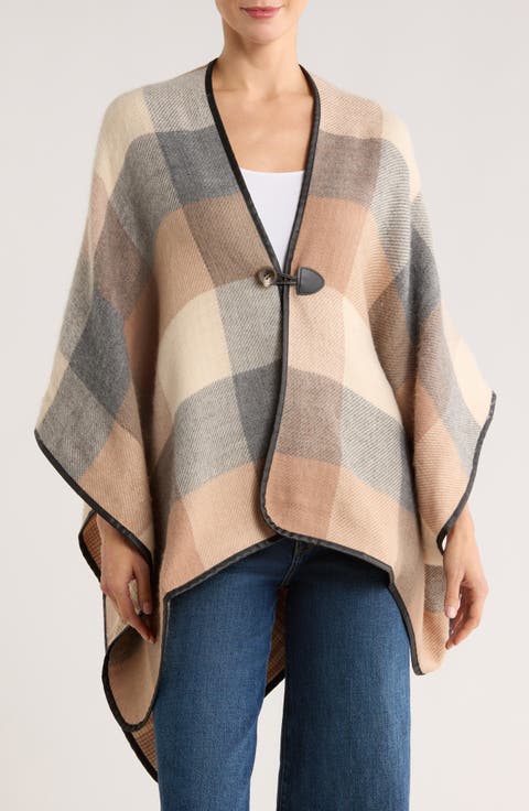 Faux Leather Trim Check Ruana