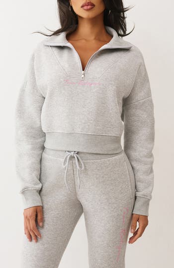 True Religion Script Logo 1/4 Zip Pullover In Gray