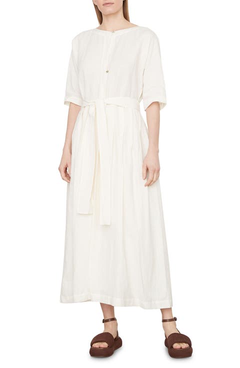 Boatneck Belted Linen & Cotton Dress