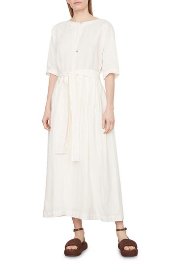 VINCE VINCE BOATNECK BELTED LINEN & COTTON DRESS