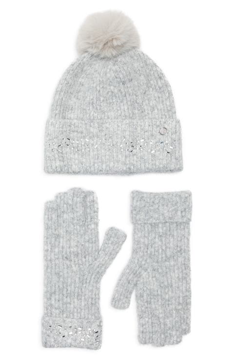 Crystal Faux Fur Pompom Beanie & Scarf Box Set