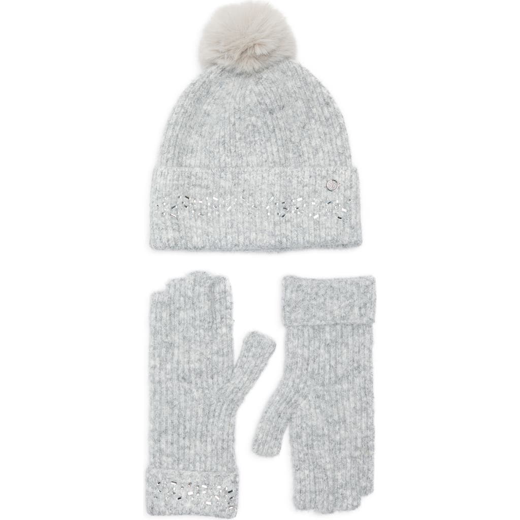 Ted Baker London Crystal Faux Fur Pompom Beanie & Scarf Box Set In Gray