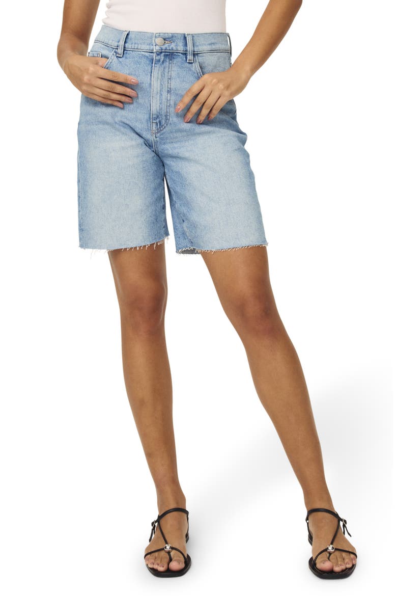 MTY '90s Raw Hem High Waist Mid Thigh Denim Shorts, Main, color, GIRLFRIEND