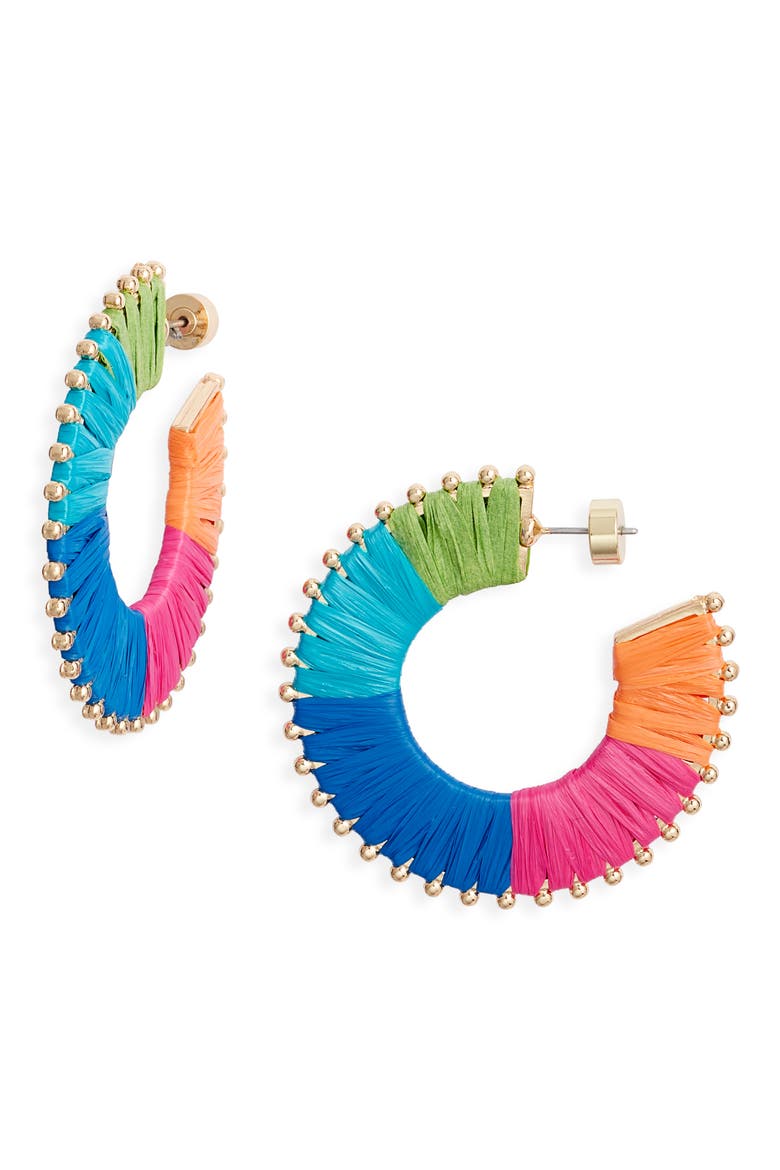 Raffia Wrapped Flat Hoop Earrings, Main, color, BRIGHT MULTI- GOLD