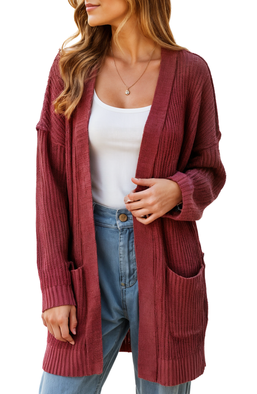 Knit & Lounge Knit And Lounge Ribbed Open-front Cardigan With Pockets And Relaxed Fit In Dark Red