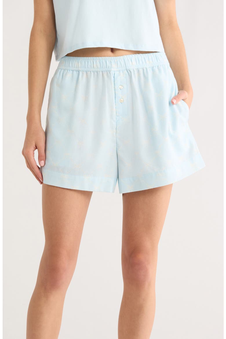 Print Cozy Flannel Boxer Pajama Shorts, Main, color, BLUE- IVORY ARGYLE BOW