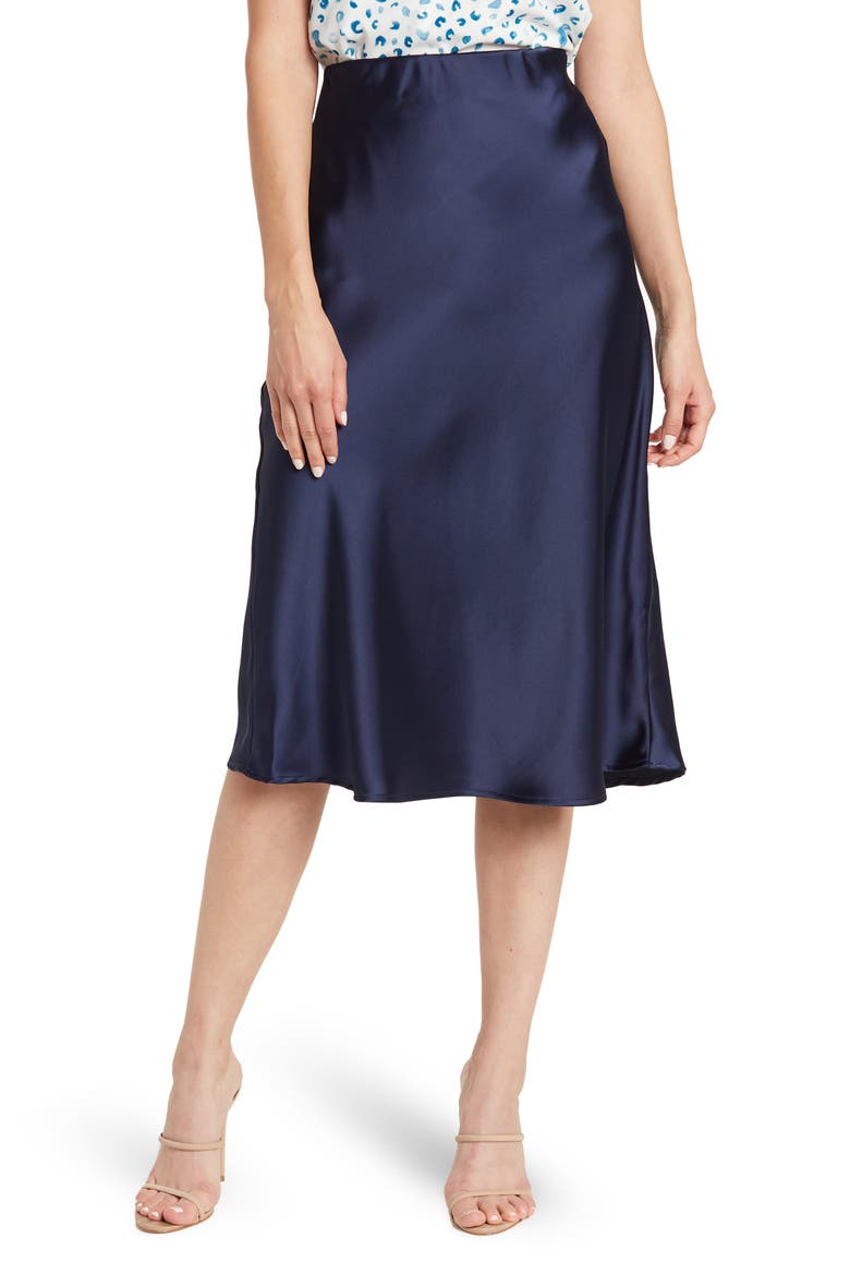 Solid Satin Midi Skirt, Main, color, NAVY