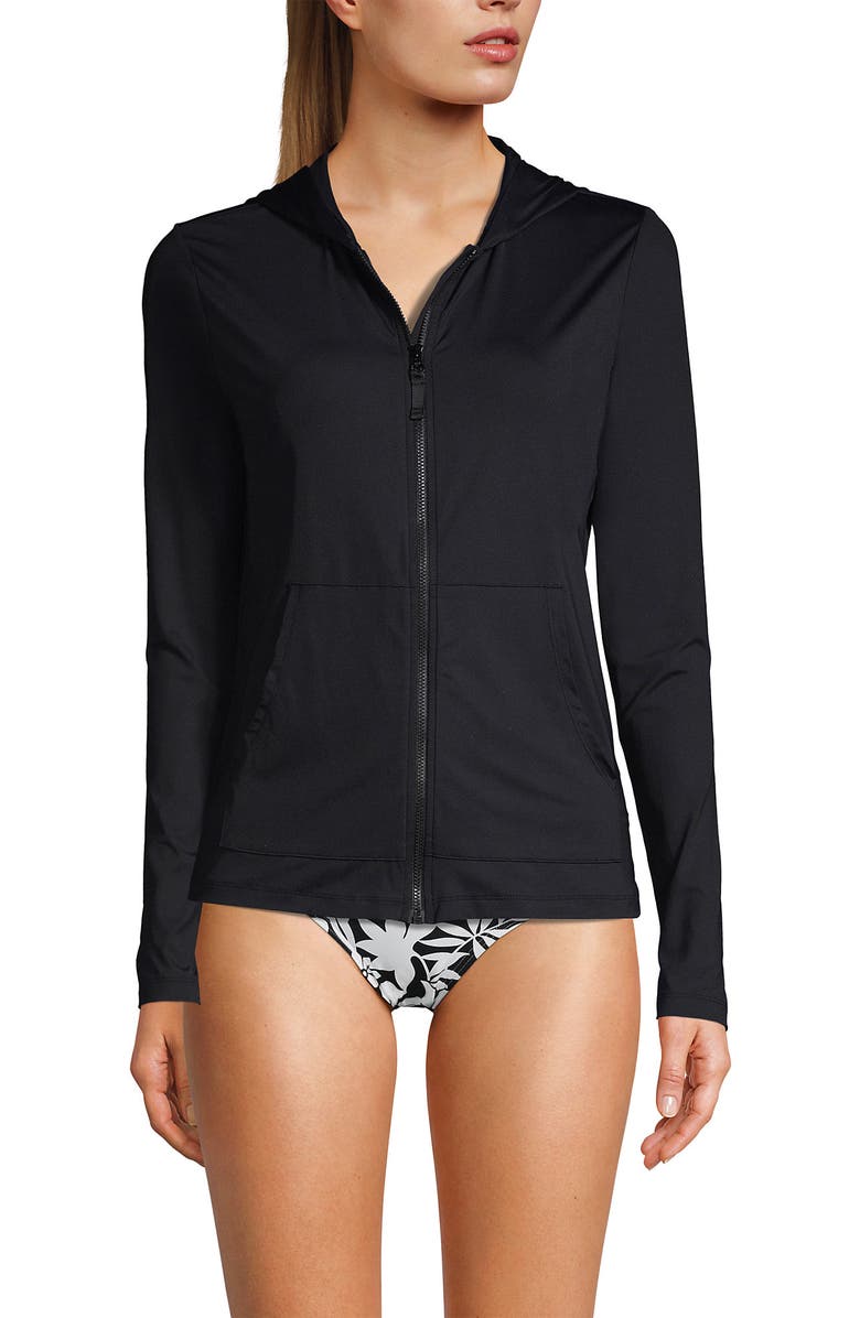 Lands' End SunShade UPF 50 Hooded Zip Front Rash Guard, Alternate, color, Black