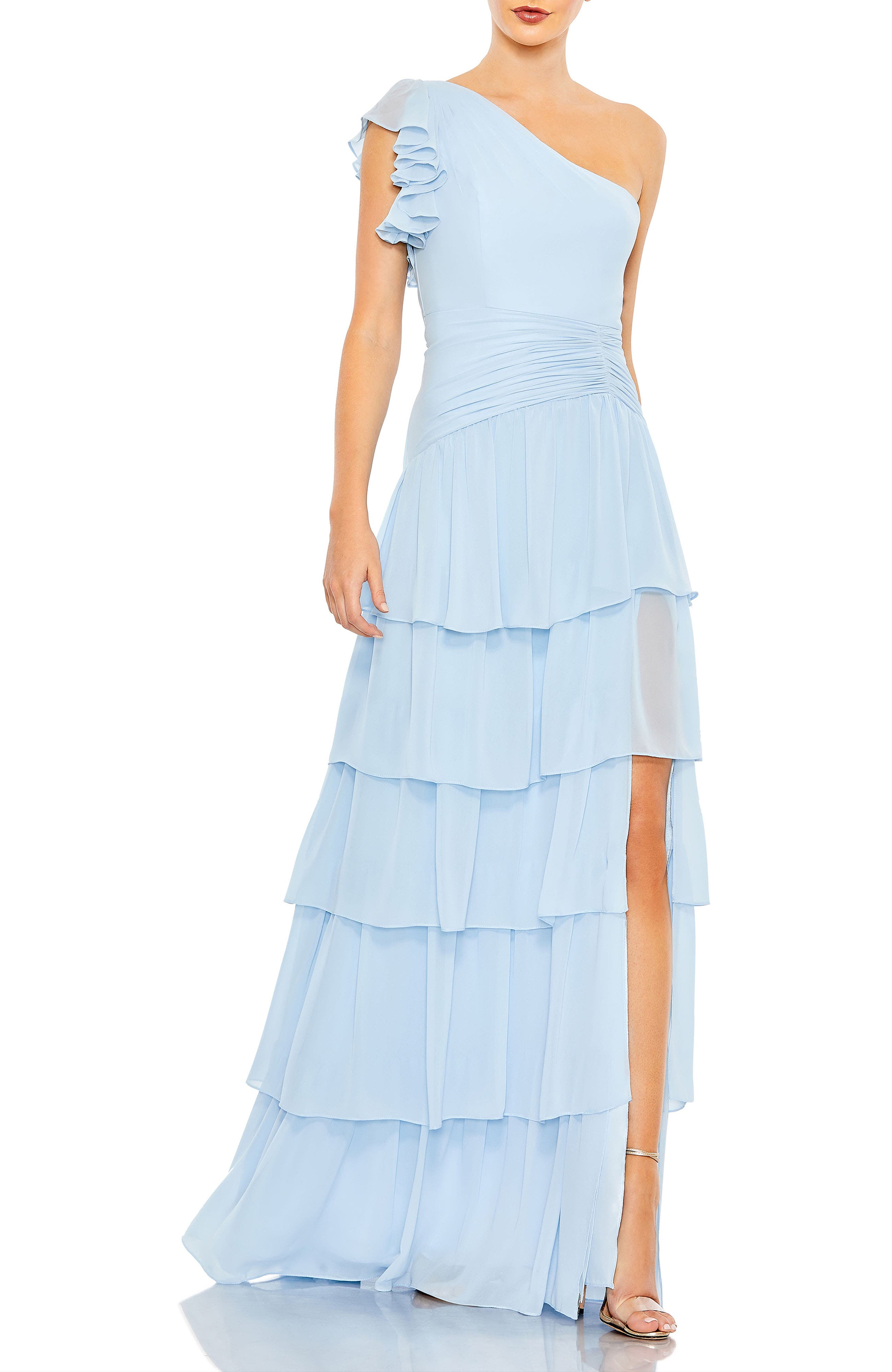 Ruffle Tiered One Flutter Sleeve Gown