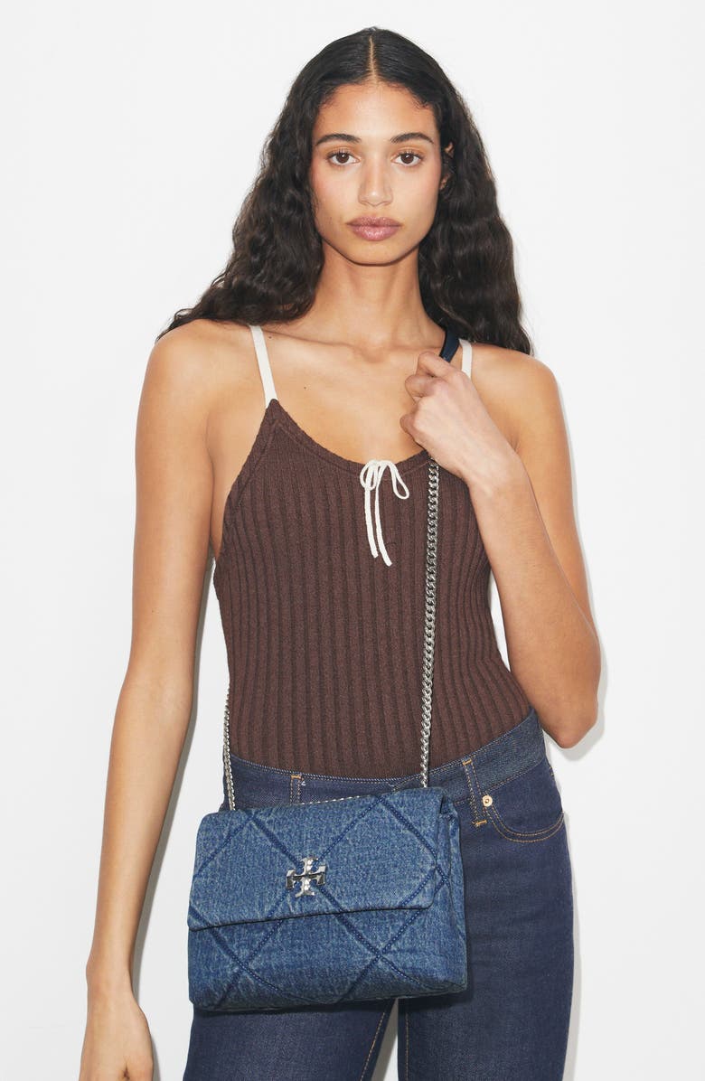 Tory Burch Small Kira Quilted Denim Crossbody Bag, Alternate, color, Blue