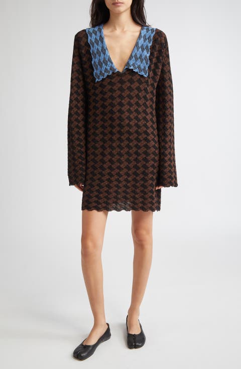 Basket Argyle Long Sleeve Sailor Collar Wool Sweater Dress