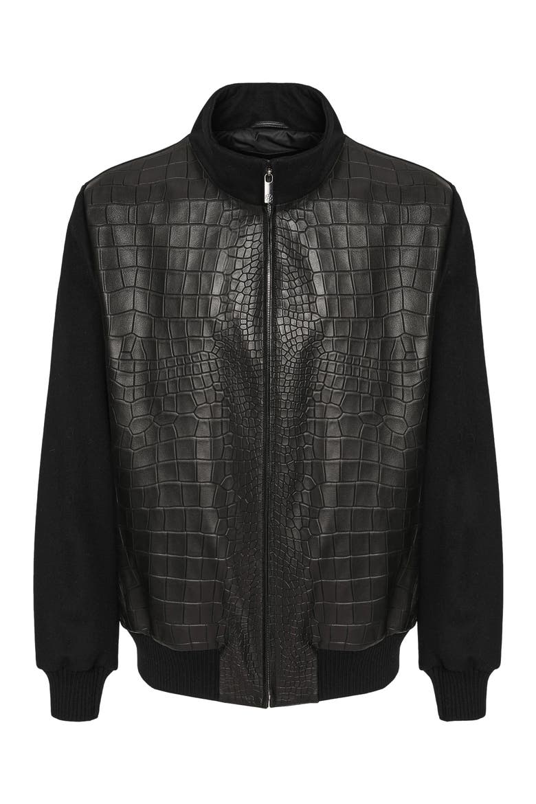 Men's Jacket Crafted From Wool With Croco-Embossed Leather Front, Alternate, color, BLACK/BLACK