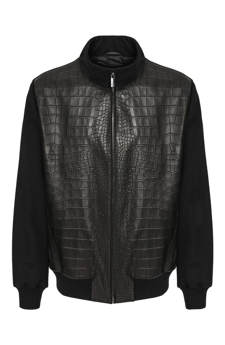 GORSKI Men's Jacket Crafted From Wool With Croco-Embossed Leather Front, Alternate, color, Black/Black
