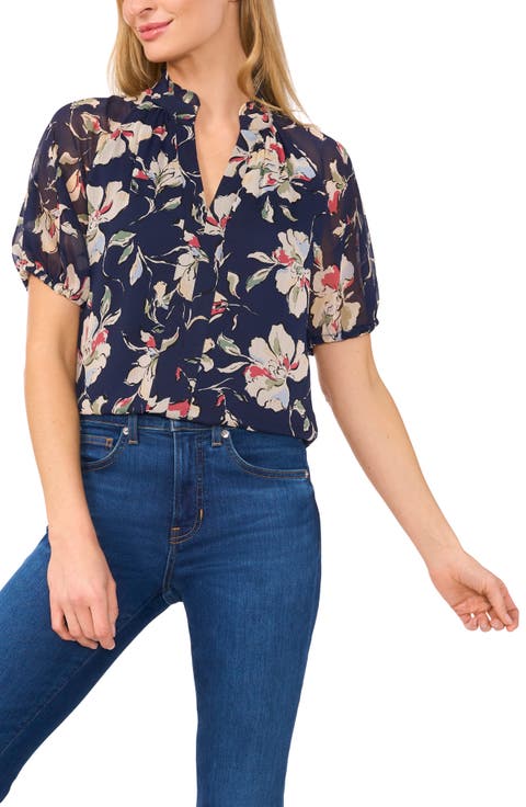 Floral Print Ruffle Neck Top