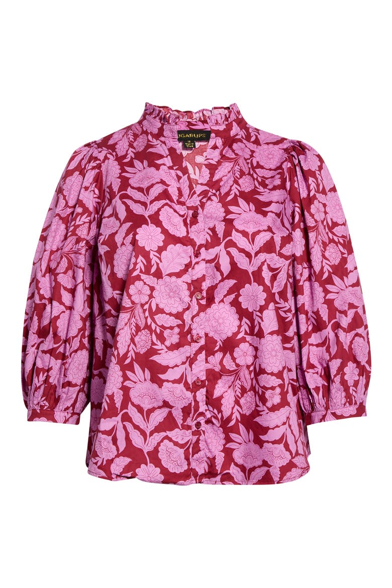 Yunice Floral Puff Sleeve Cotton Button-Up Top, Alternate, color, BURGUNDY-PINK