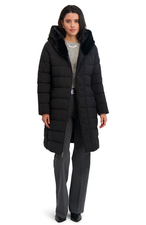 Tahari Vic Belted Longline Coat With Faux Fur Trim Hood In Blue