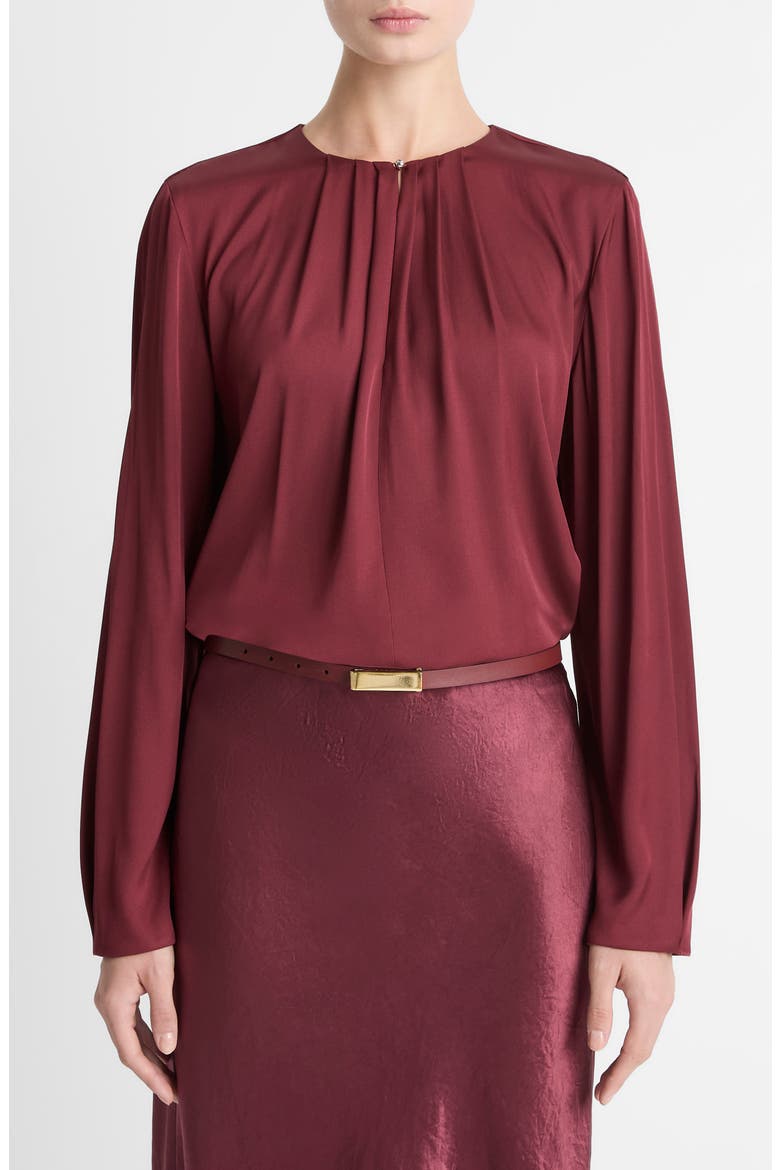 Pleated Neck Silk Blend Top, Main, color, BORDEAUX