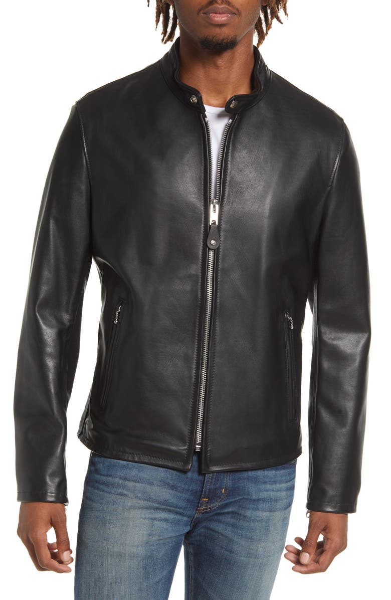 Schott NYC Café Racer Slim Fit Cowhide Leather Jacket, Alternate, color, Black