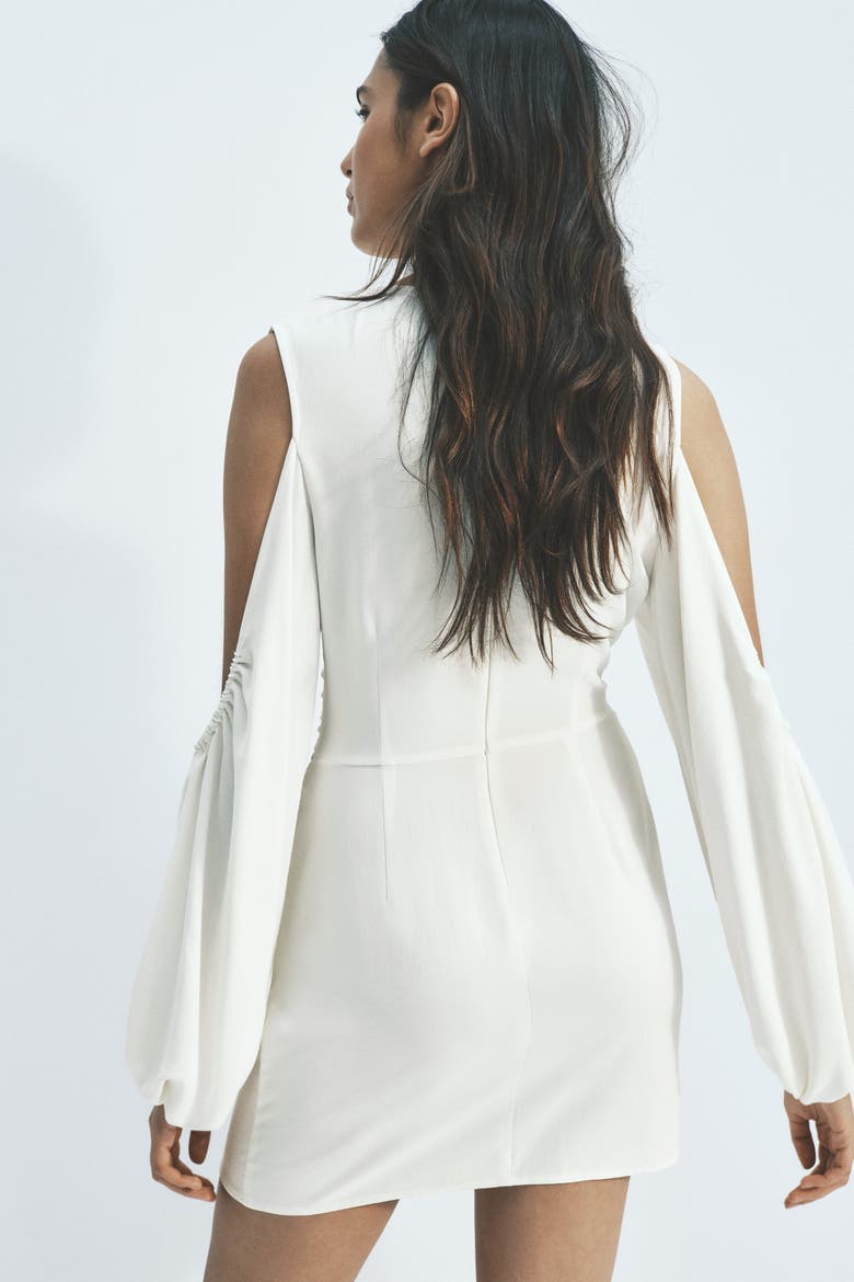 Balloon-sleeved Cold Shoulder Dress, Alternate, color, White
