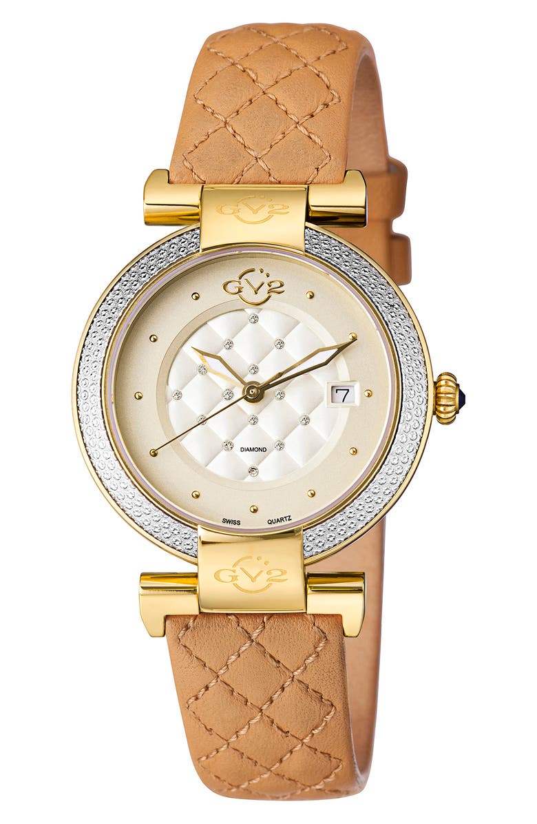 GEVRIL Women's Berletta Diamond Swiss Quartz Quilted Leather Strap Watch, 37mm - 0.038 ctw, Main, color,