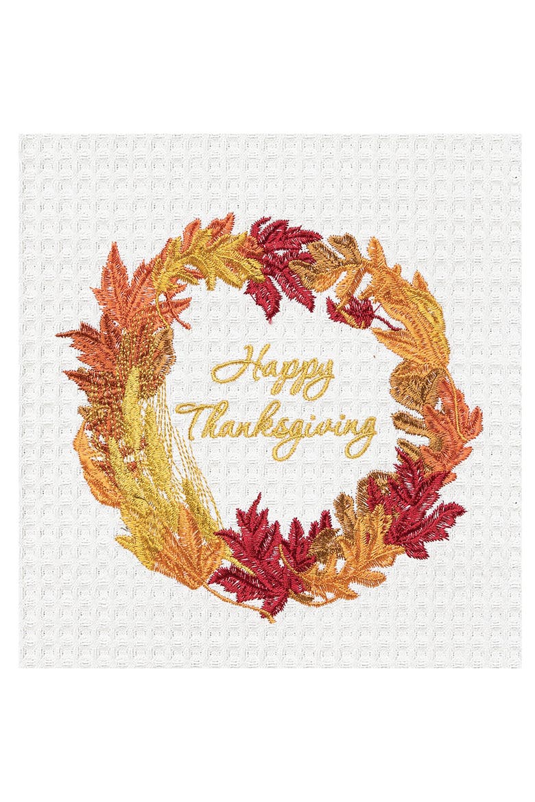 Happy Thanksgiving Wreath 100% Cotton Waffle Weave Dishtowel, Alternate, color, White
