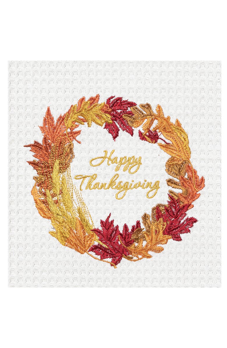 C&F Home Happy Thanksgiving Wreath Embroidered Waffle Weave Kitchen Towel, Alternate, color, 