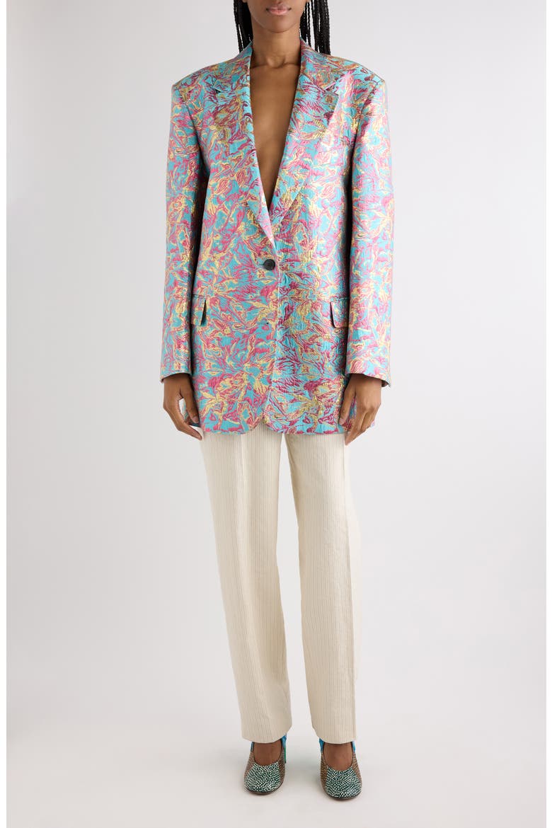 Floral Jacquard Lamé Blazer, Alternate, color, TURQUOISE