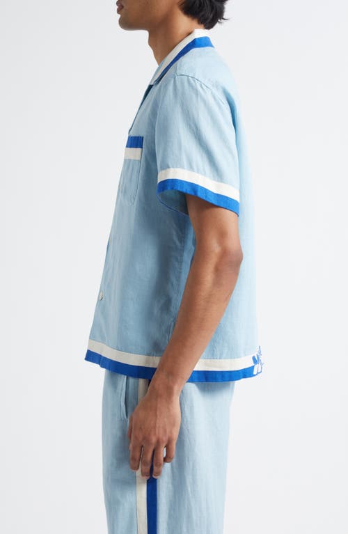 Bode Seedling Stripe Linen Camp Shirt In Blue/white