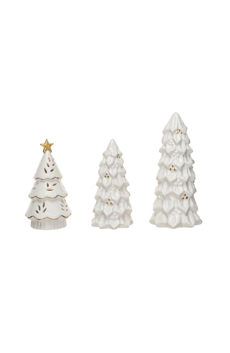 Storied Home Stoneware Christmas Trees with Gold Electroplating and LED, Cream, Set of 3, Main, color, 