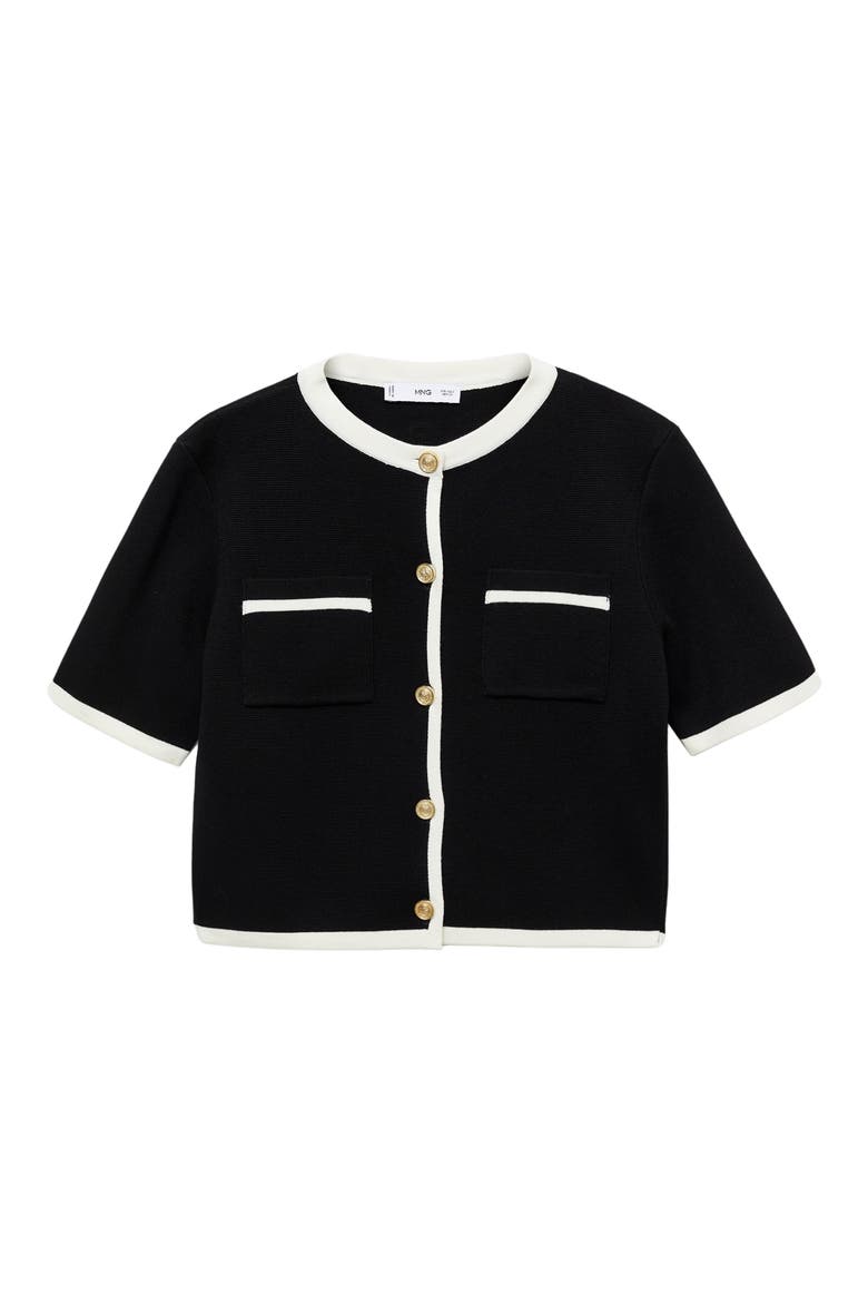 Contrast Trim Short Sleeve Cardigan, Alternate, color, BLACK