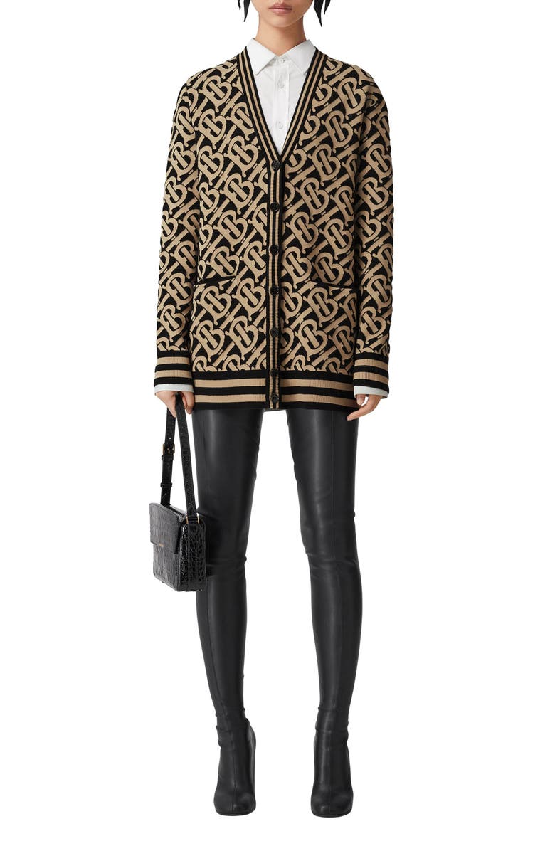 Burberry Maddox TB Logo Jacquard Wool Blend Cardigan, Alternate, color, 
