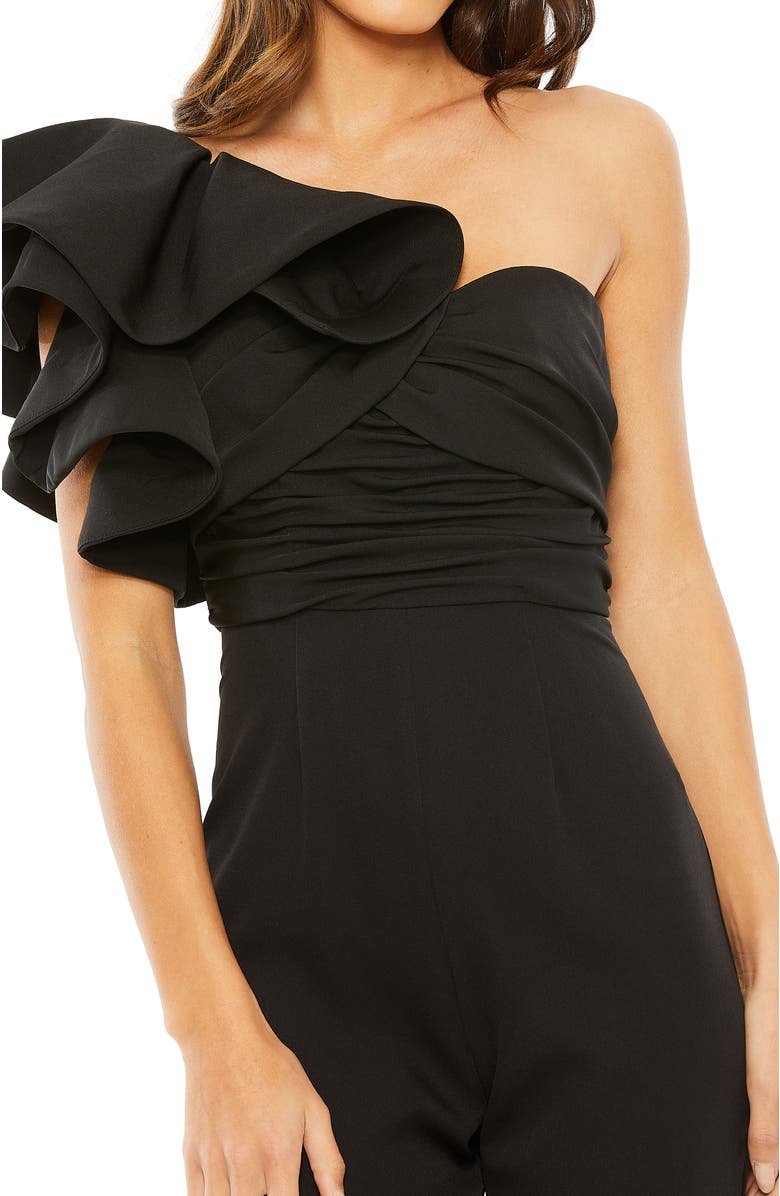 Mac Duggal One Shoulder Ruffle Detail Flare Pant Jumpsuit, Alternate, color, Black