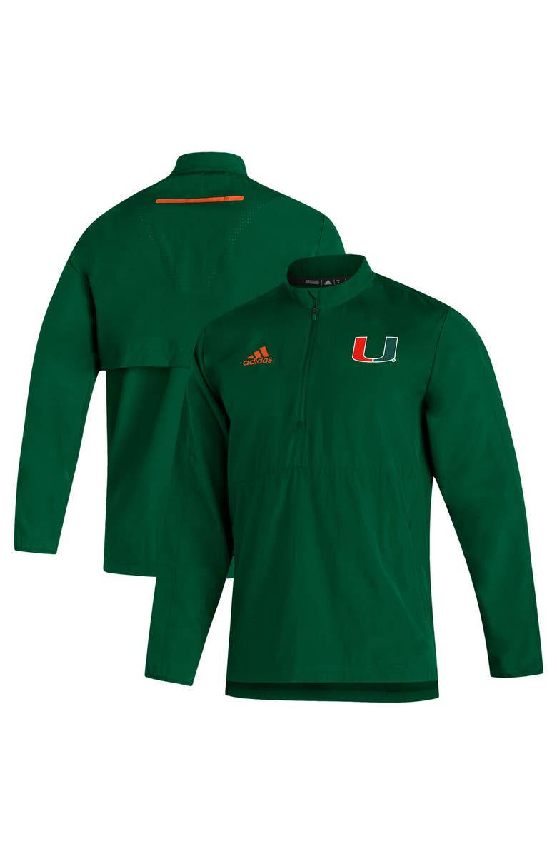 adidas Men's adidas Green Miami Hurricanes 2021 Sideline AEROREADY Quarter-Zip Jacket, Alternate, color,