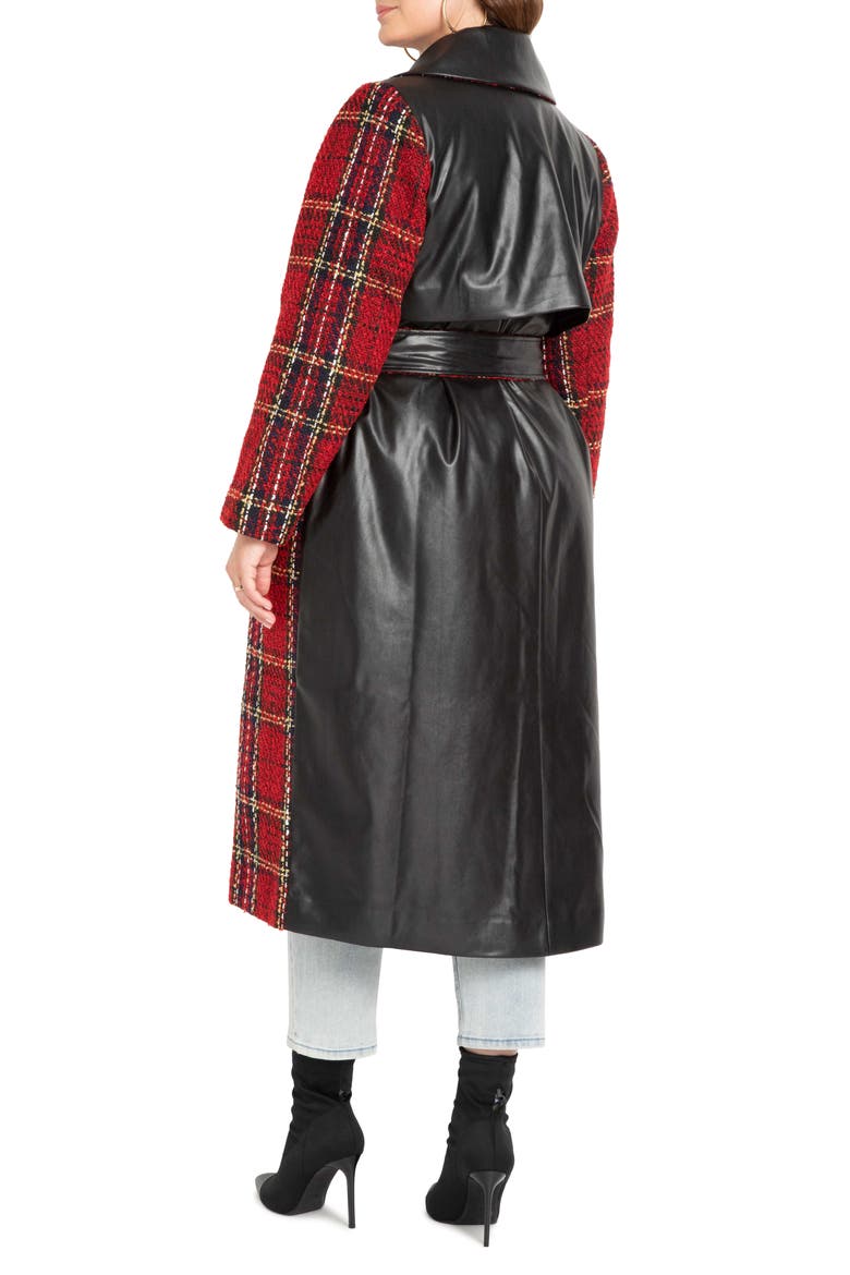 Mixed Media Plaid & Faux Leather Coat, Alternate, color, BLACK/ RED PLAID