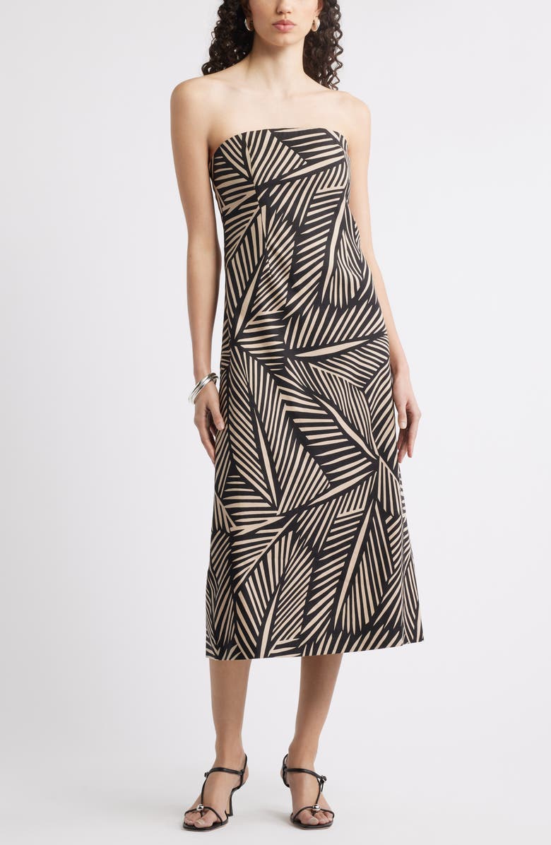 Nordstrom Strapless Linen Blend Midi Dress, Main, color, Black- Beige Palmed