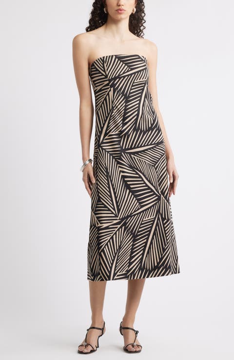 Strapless Linen Blend Midi Dress