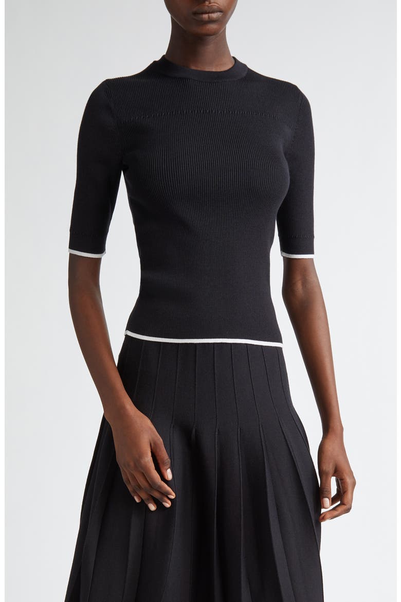 Tipped Virgin Wool & Silk Rib Sweater, Main, color, BLACK