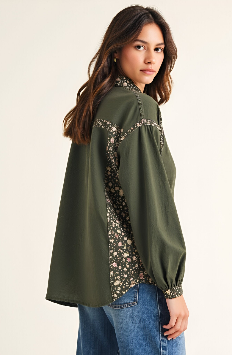 Modenaire Long Sleeve Floral Print Trim Button Up Shirt, Alternate, color, Floral Print