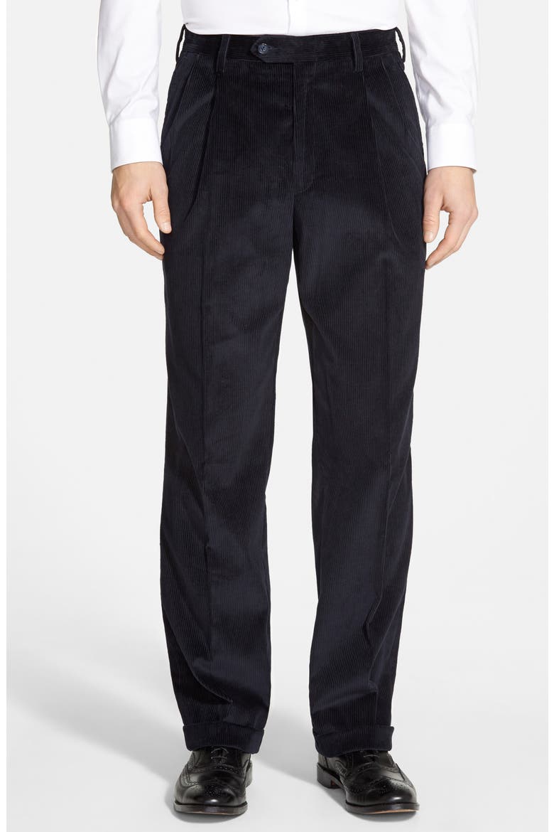 Italian 8-Wale Luxury Corduroy Pleated Trousers, Main, color, BLACK