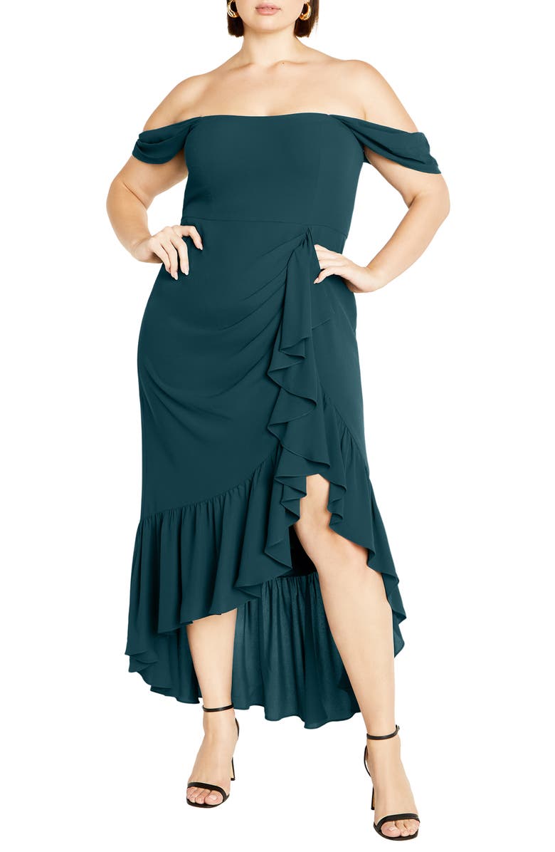 City Chic Rosabella Off the Shoulder Maxi Dress, Main, color, Emerald