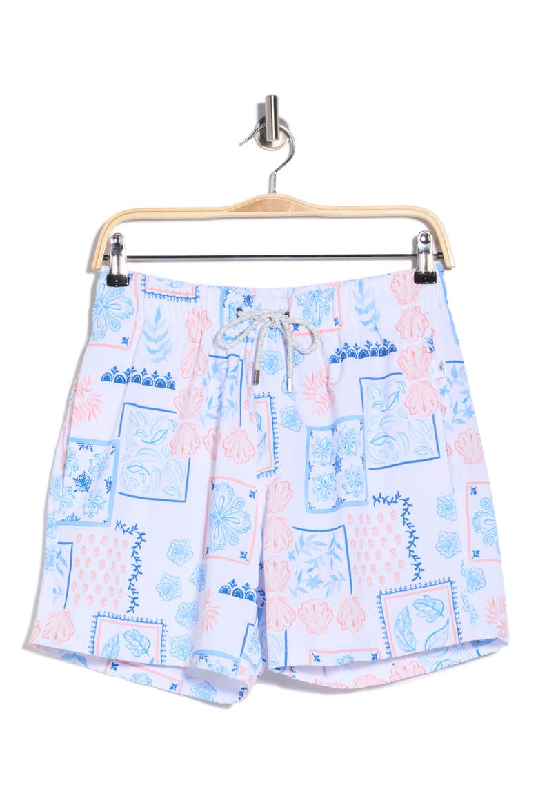 Seersucker Shell Print Volley Swim Trunks, Alternate, color, WHITE