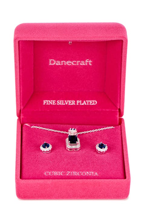 Square Cubic Zirconia Pendant Necklace & Stud Earrings Set